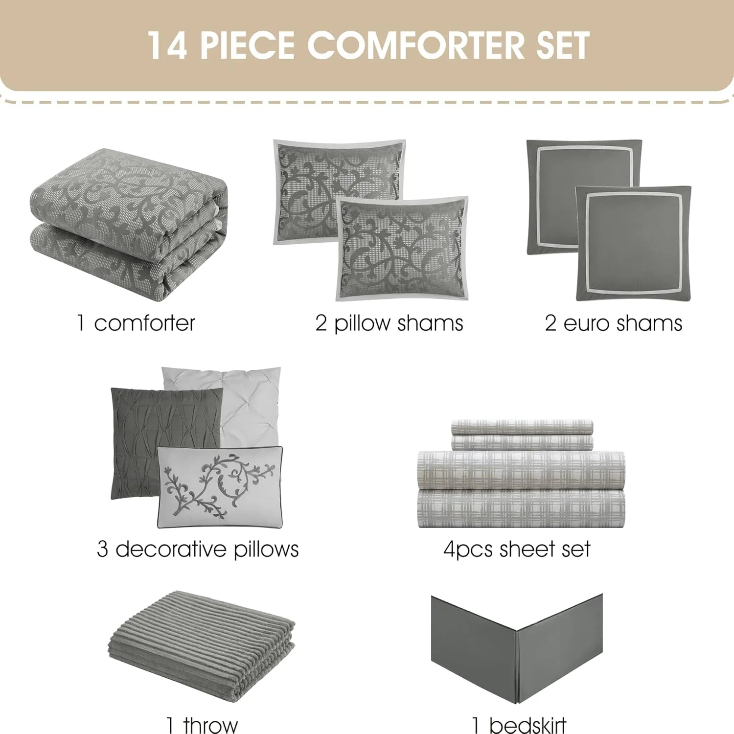 Grand Avenue 14 Piece Grey Comforter Set, California Size Jacquard Bedding Set, All Season Paisley Bedding Set, Matching Pillows, Shams, Bed Skirt
