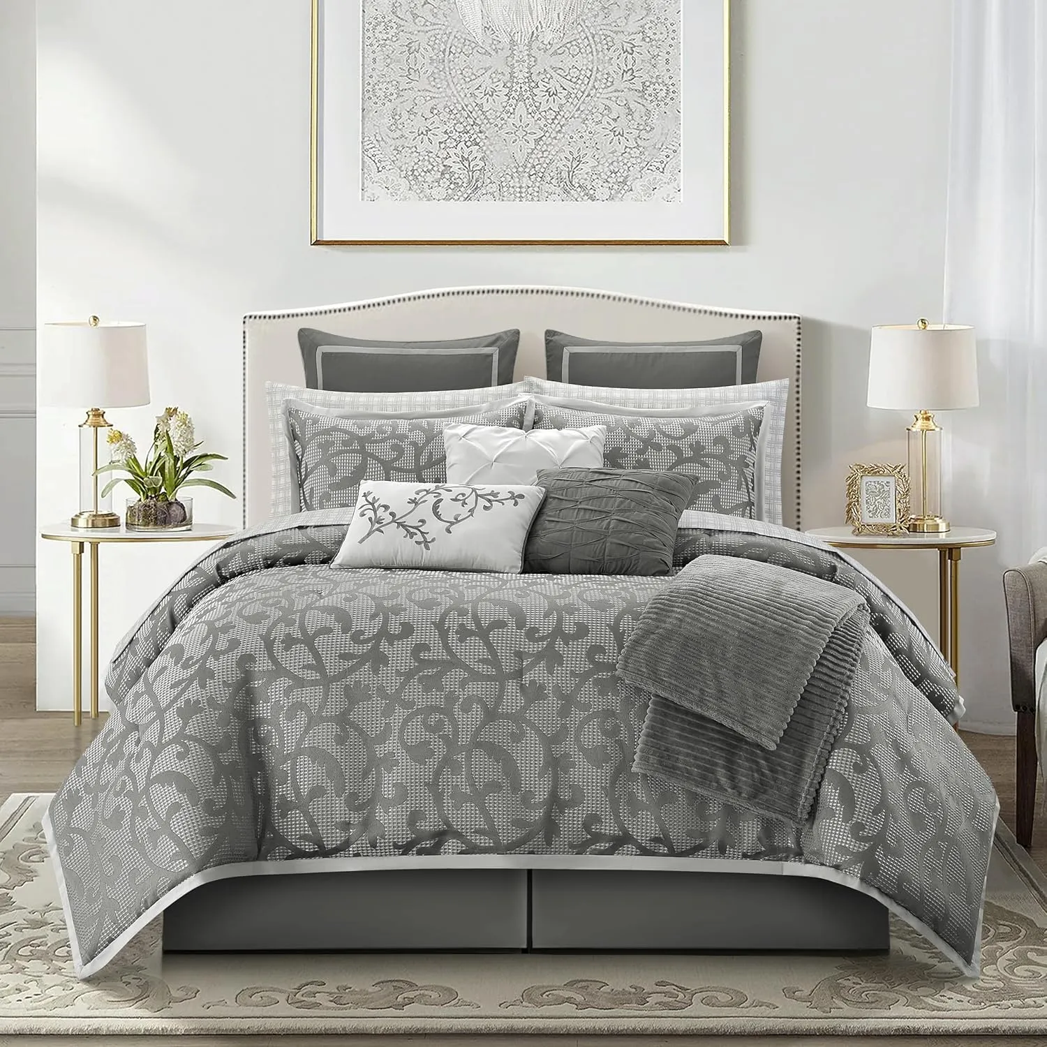 Grand Avenue 14 Piece Grey Comforter Set, California Size Jacquard Bedding Set, All Season Paisley Bedding Set, Matching Pillows, Shams, Bed Skirt