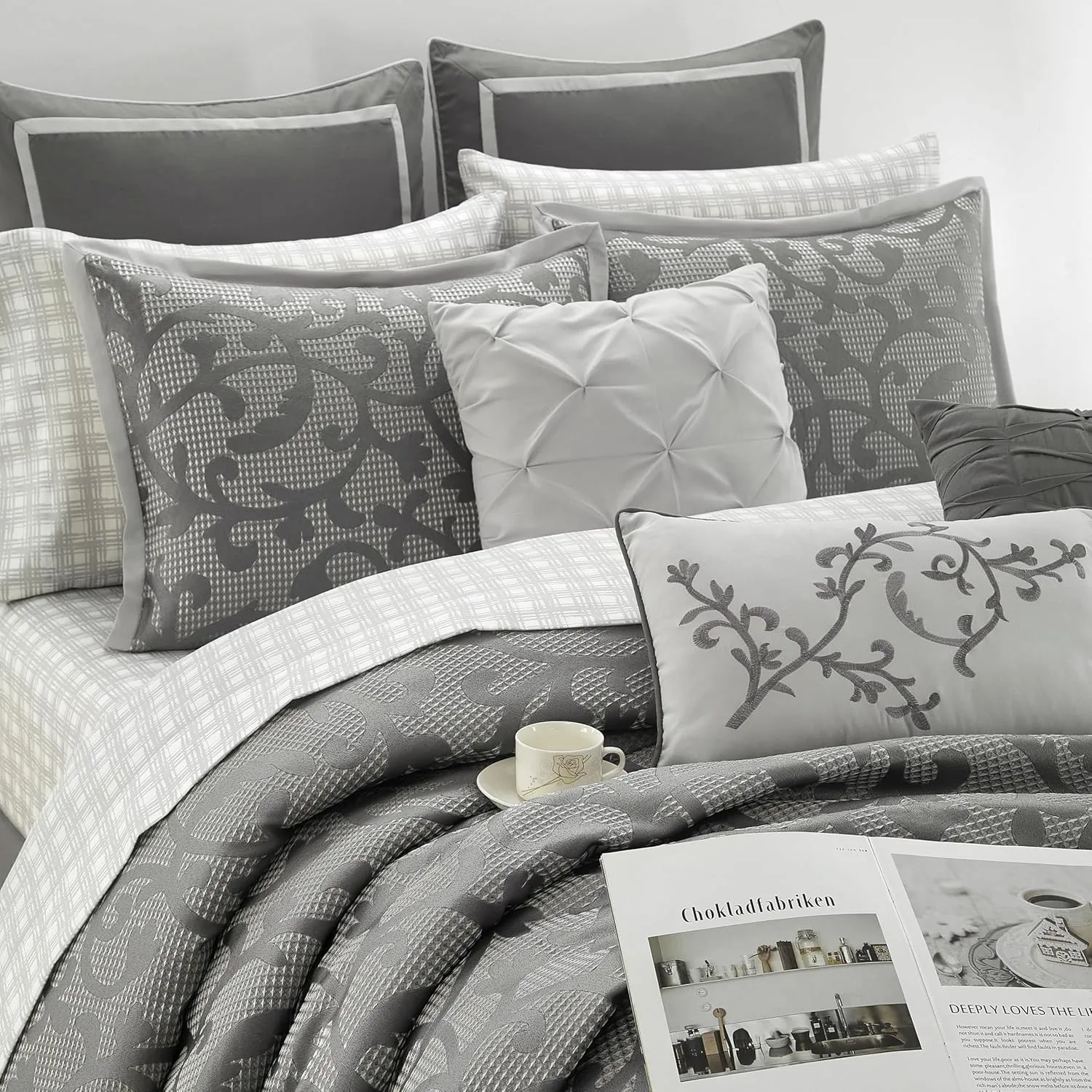 Grand Avenue 14 Piece Grey Comforter Set, California Size Jacquard Bedding Set, All Season Paisley Bedding Set, Matching Pillows, Shams, Bed Skirt