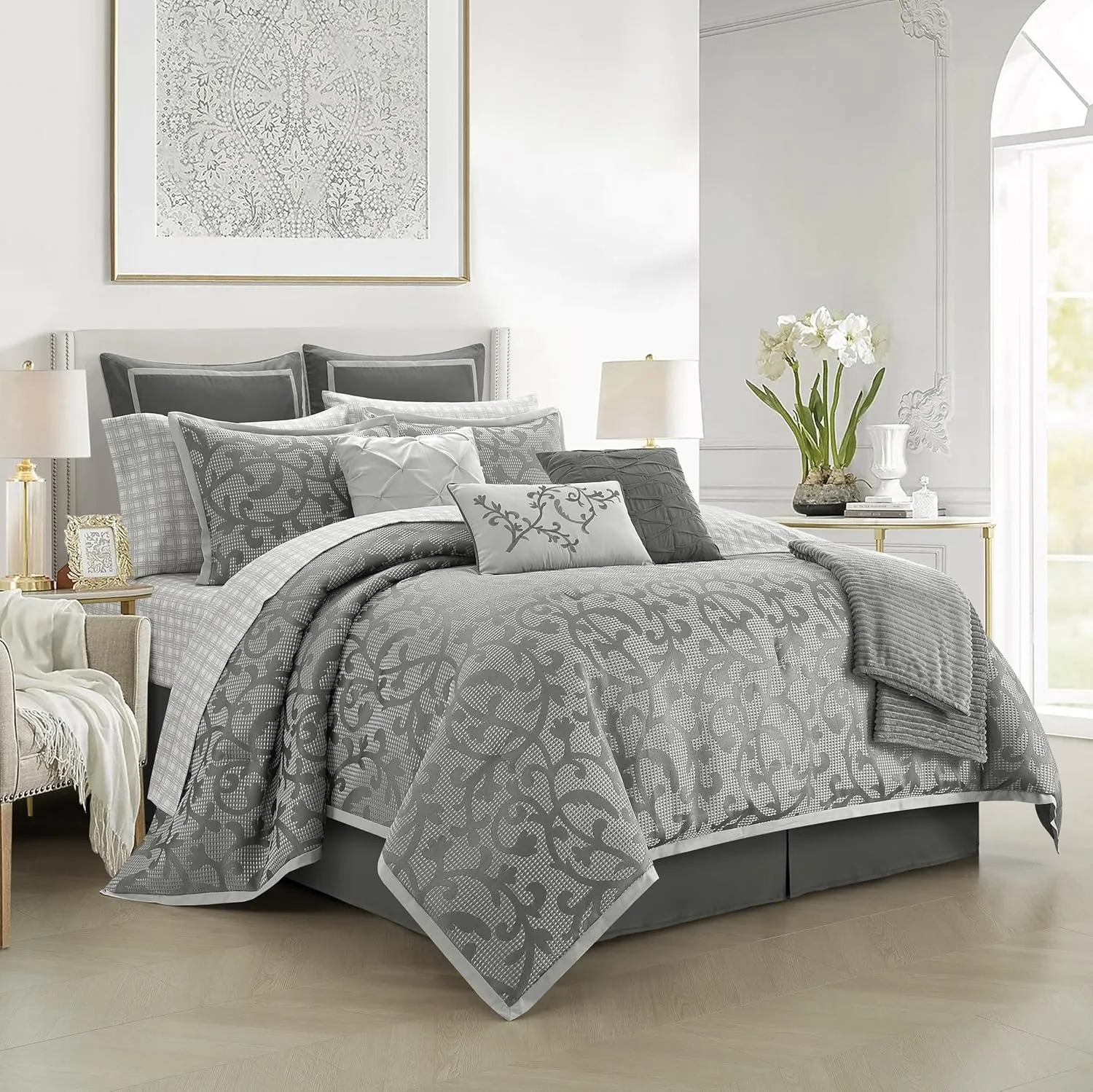 Grand Avenue 14 Piece Grey Comforter Set, California Size Jacquard Bedding Set, All Season Paisley Bedding Set, Matching Pillows, Shams, Bed Skirt
