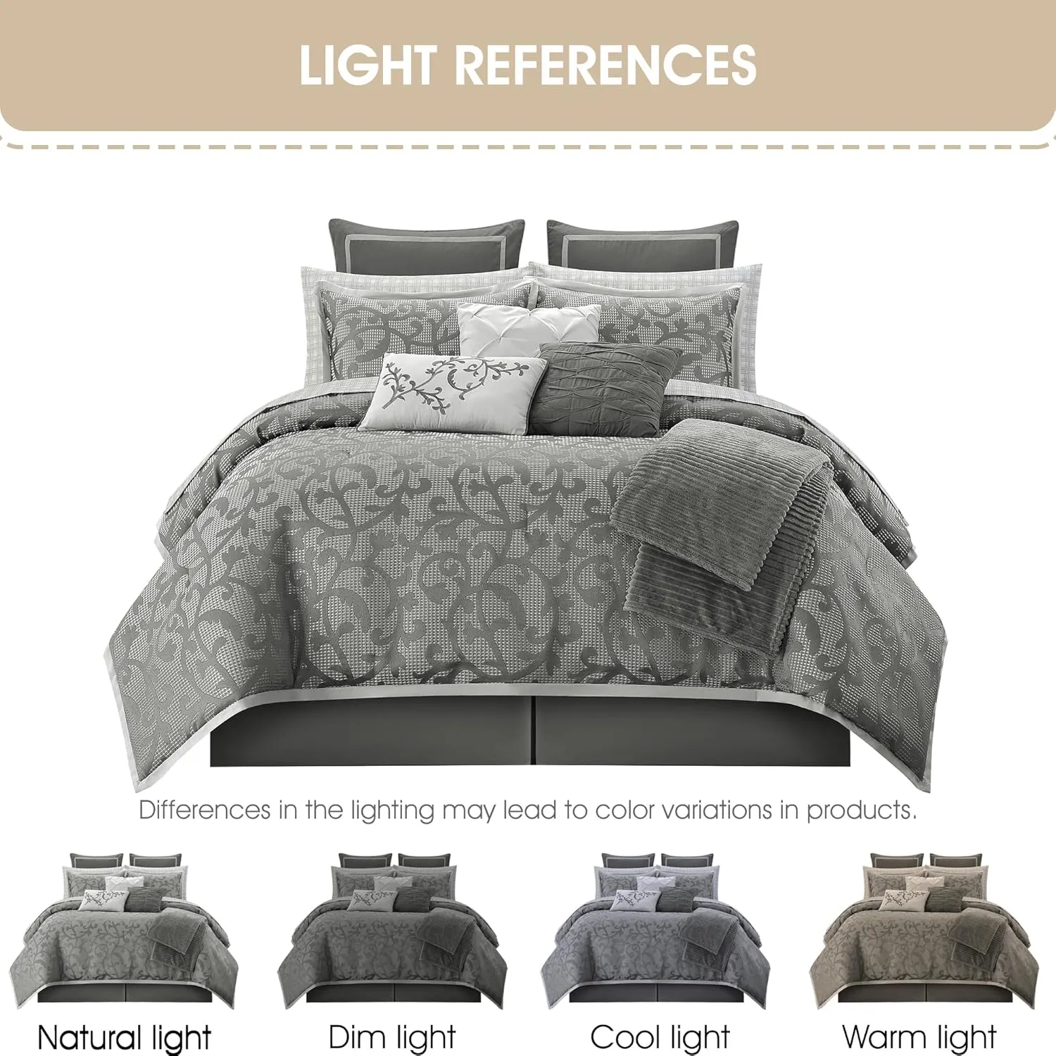 Grand Avenue 14 Piece Grey Comforter Set, California Size Jacquard Bedding Set, All Season Paisley Bedding Set, Matching Pillows, Shams, Bed Skirt