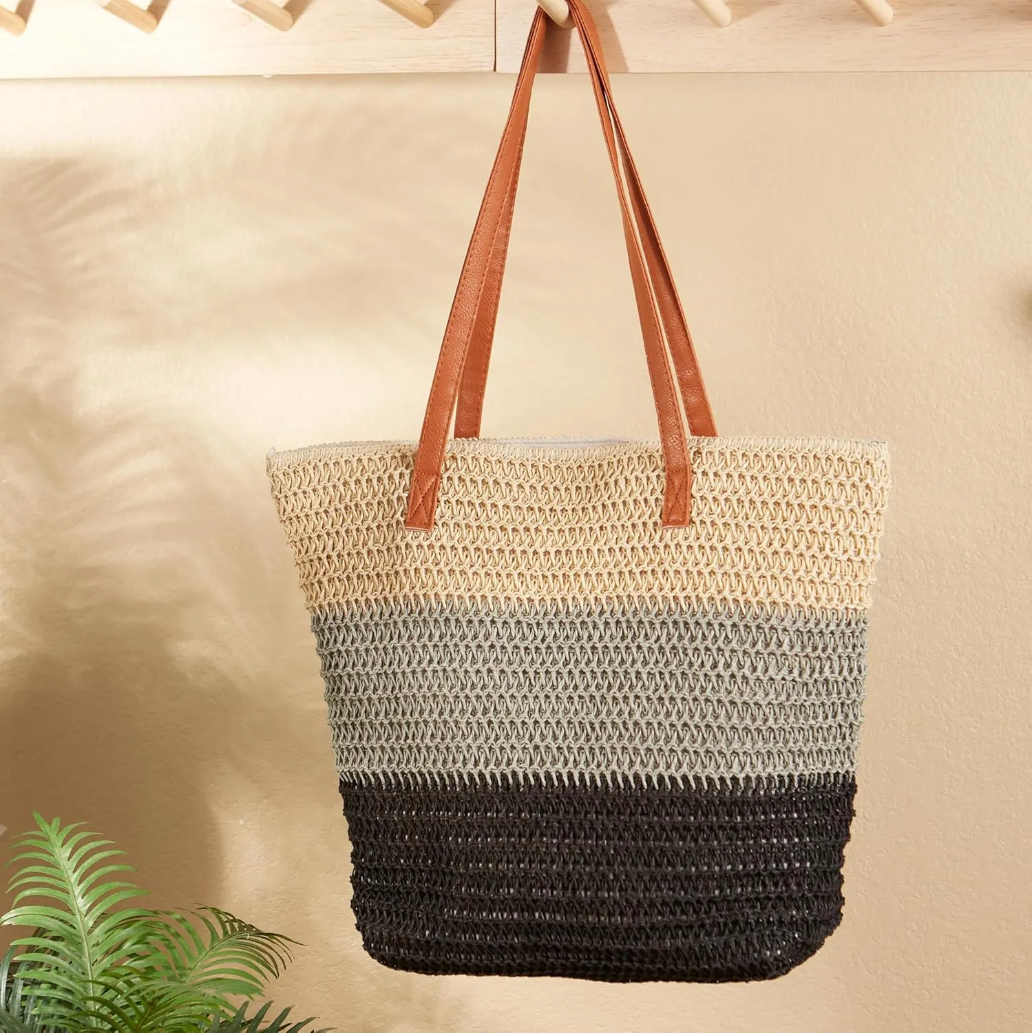 Hadley Wren Womens Woven Paper Tote Bag, Lined Summer Handbag, Zip Closure