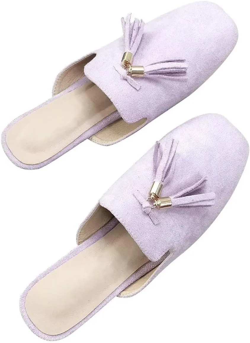 Hee grand Mules for Women Tassel Mule Slippers Summer Square Toe Slip On Loafers Casual Closed Toe Suede Flat Slides