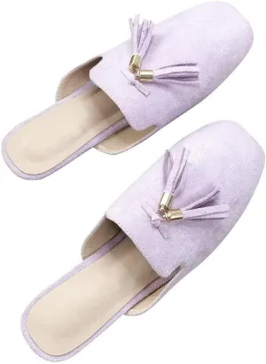 Hee grand Mules for Women Tassel Mule Slippers Summer Square Toe Slip On Loafers Casual Closed Toe Suede Flat Slides