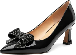 Heels for Women Closed Patent Pointed Toe Bow Pumps Slip on Kitten Low Heels Wedding Party Dress Office Shoes 2.5Inch
