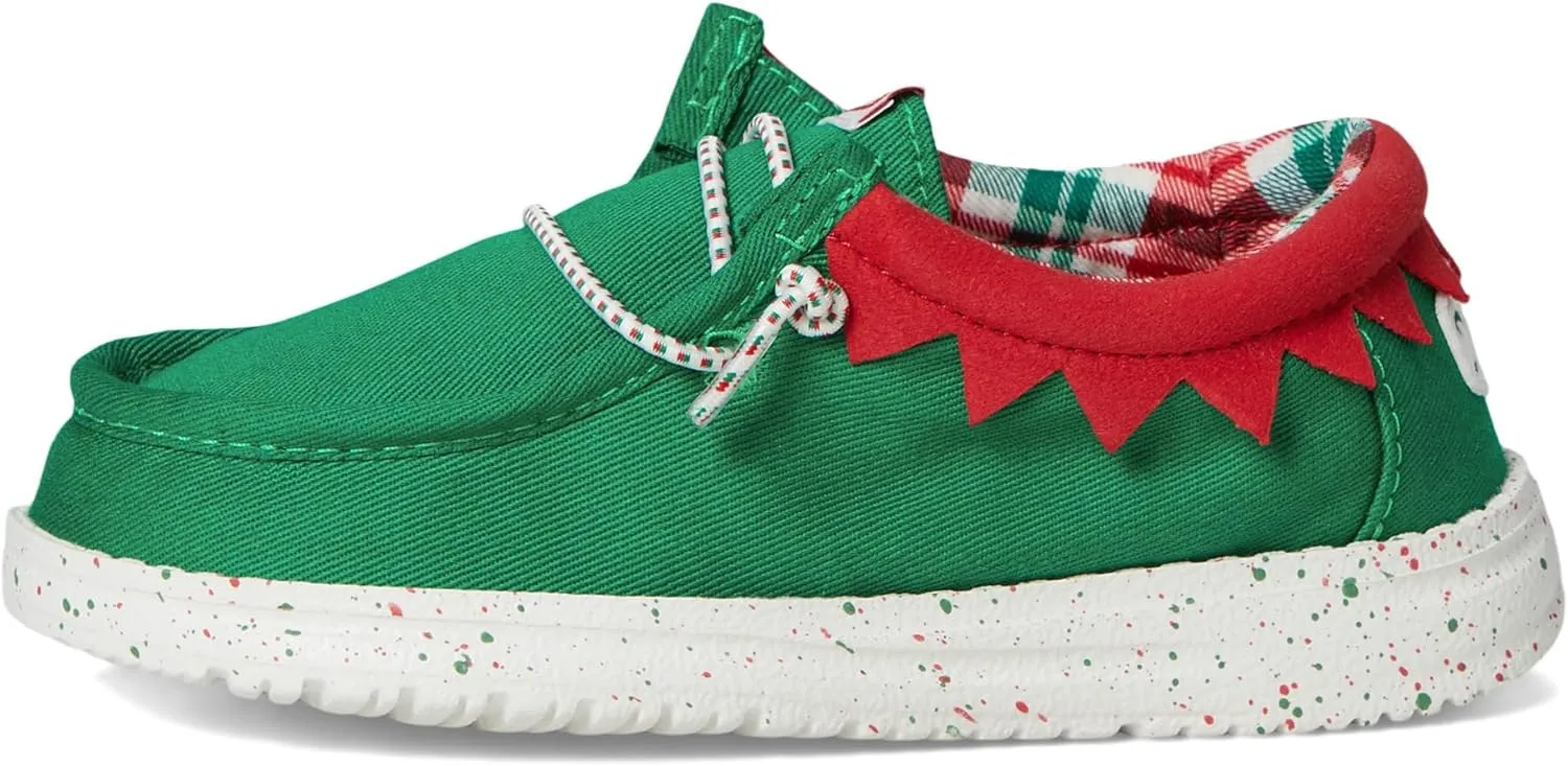 Hey Dude Kids Wally Holiday ELF (Toddler) - Loafers for Kids - Canvas Upper - Elastic Laces - Cotton Lining