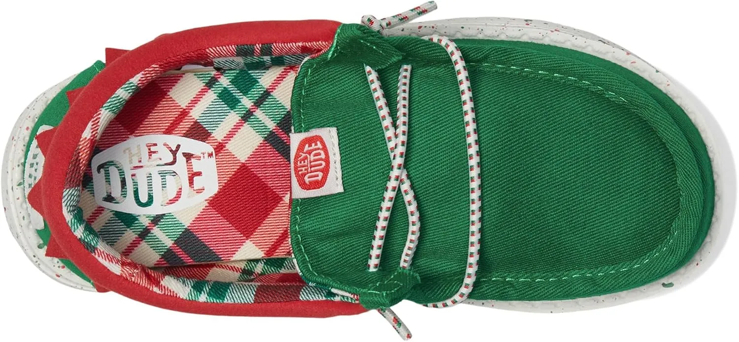 Hey Dude Kids Wally Holiday ELF (Toddler) - Loafers for Kids - Canvas Upper - Elastic Laces - Cotton Lining