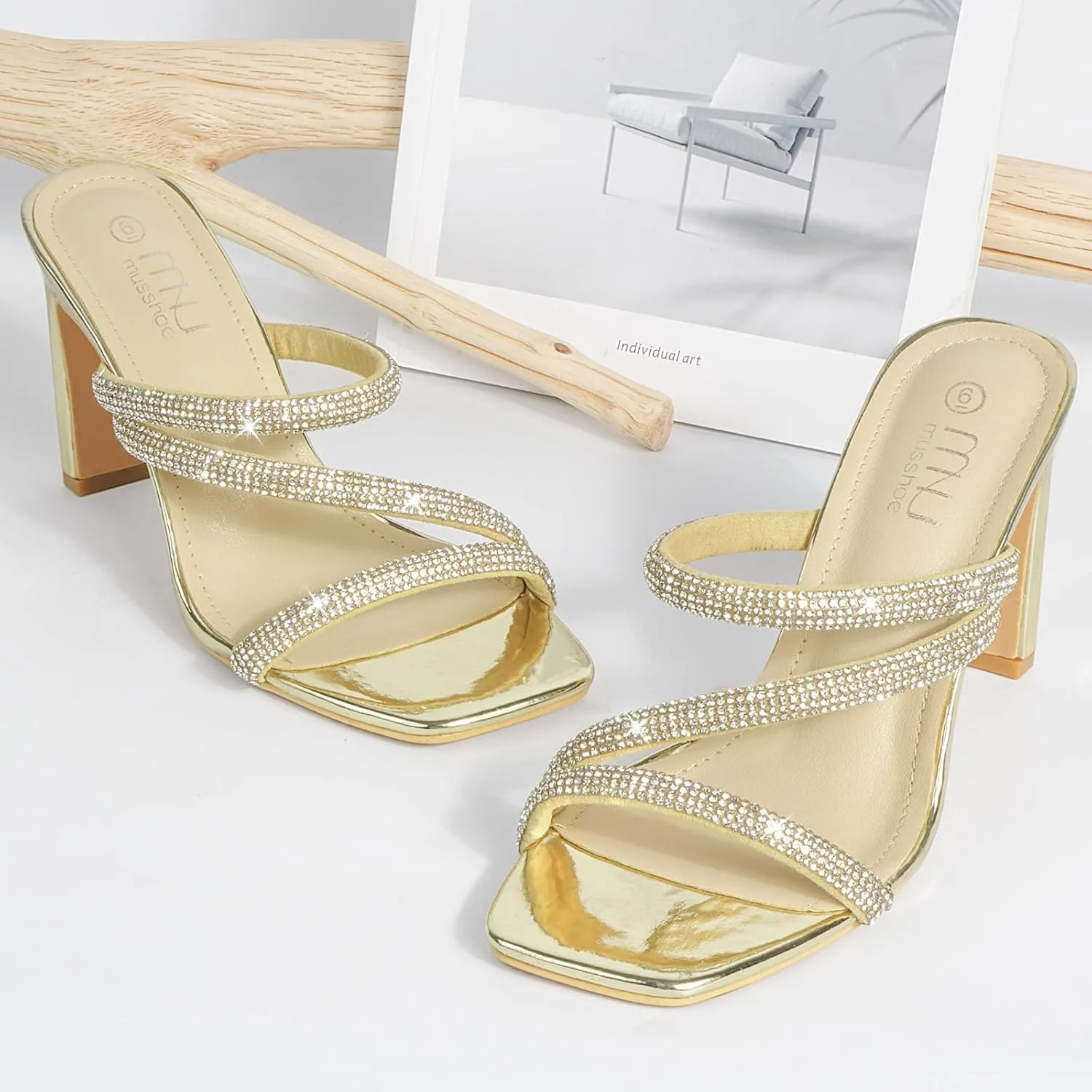 High Heels Sandals for Women Rhinestone Open Toe Slip On with Strappy Strap Dressy Sparkly Heel Bridal Shoes Comfy Sexy Cute