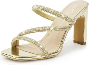High Heels Sandals for Women Rhinestone Open Toe Slip On with Strappy Strap Dressy Sparkly Heel Bridal Shoes Comfy Sexy Cute