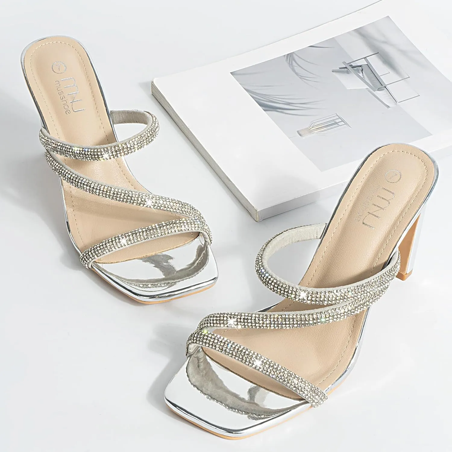 High Heels Sandals for Women Rhinestone Open Toe Slip On with Strappy Strap Dressy Sparkly Heel Bridal Shoes Comfy Sexy Cute