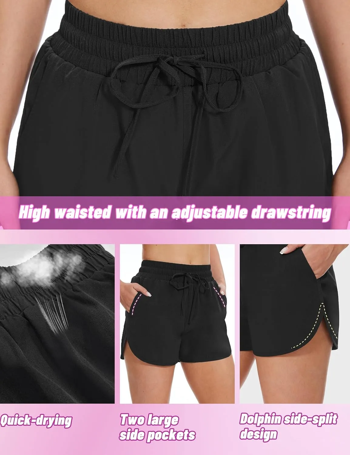 High Waisted Running Shorts for Women with Pockets, 2.5" Black Athletic Workout Gym Yoga Spandex Dolphin Shorts
