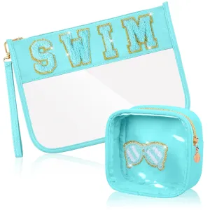 Hillban 2 Pcs Swim Bag Chenille Letter Preppy Patch Makeup Pouch Flat Clear Pouch PVC Organizer Purse Waterproof Travel Cosmetic Bags Pool Swim Coach Team Gifts for Women