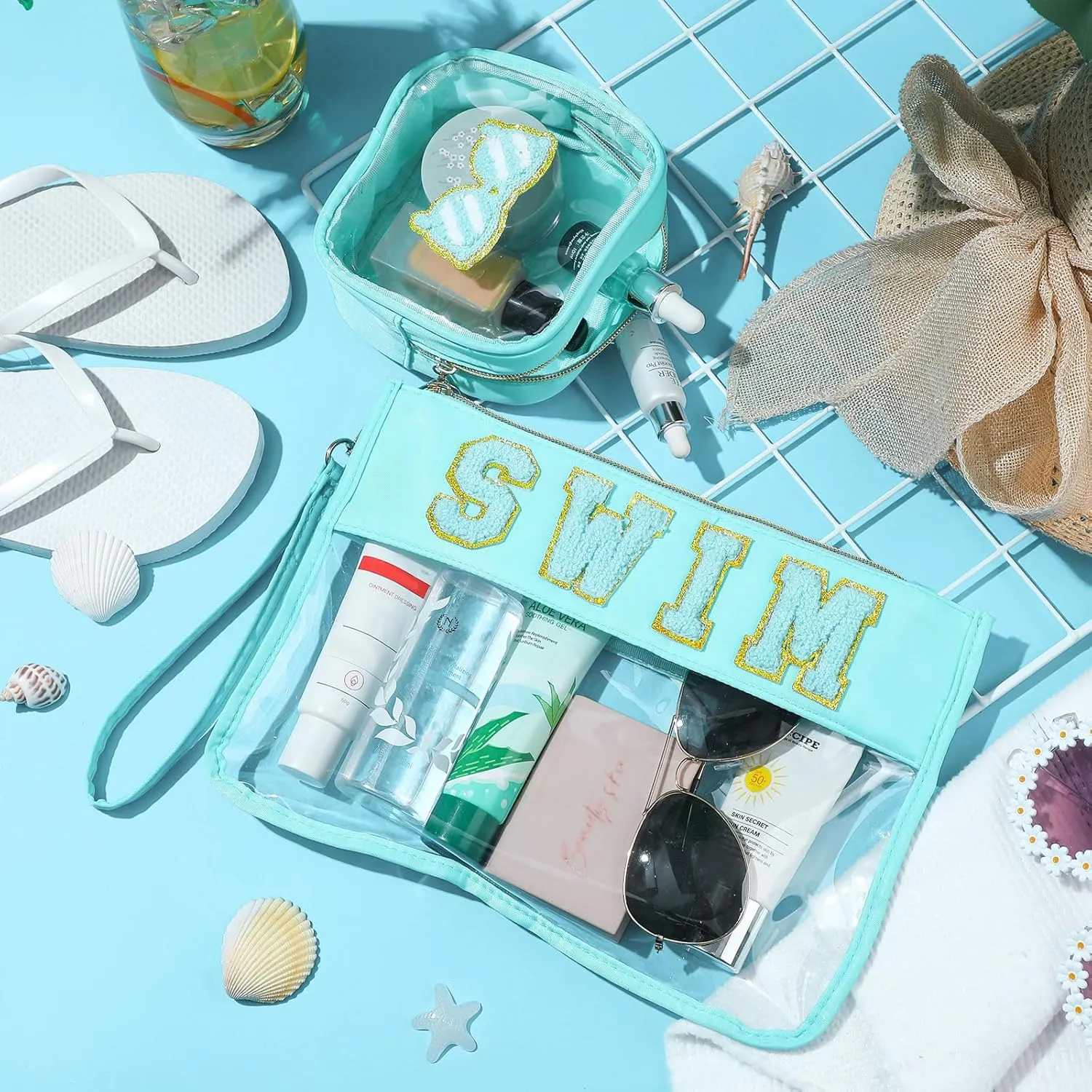 Hillban 2 Pcs Swim Bag Chenille Letter Preppy Patch Makeup Pouch Flat Clear Pouch PVC Organizer Purse Waterproof Travel Cosmetic Bags Pool Swim Coach Team Gifts for Women