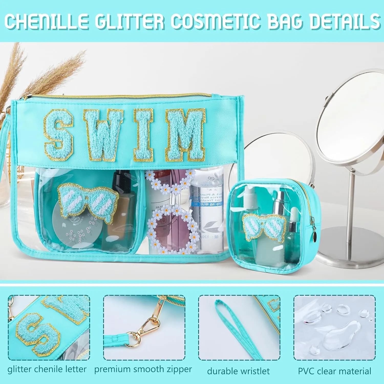 Hillban 2 Pcs Swim Bag Chenille Letter Preppy Patch Makeup Pouch Flat Clear Pouch PVC Organizer Purse Waterproof Travel Cosmetic Bags Pool Swim Coach Team Gifts for Women
