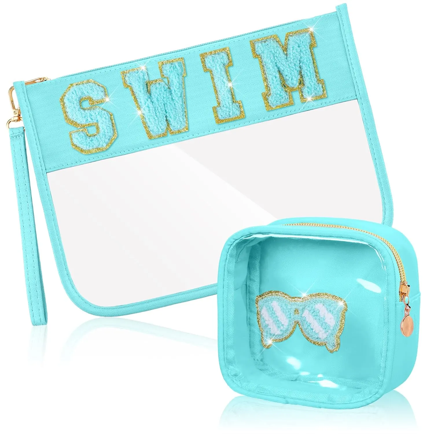 Hillban 2 Pcs Swim Bag Chenille Letter Preppy Patch Makeup Pouch Flat Clear Pouch PVC Organizer Purse Waterproof Travel Cosmetic Bags Pool Swim Coach Team Gifts for Women