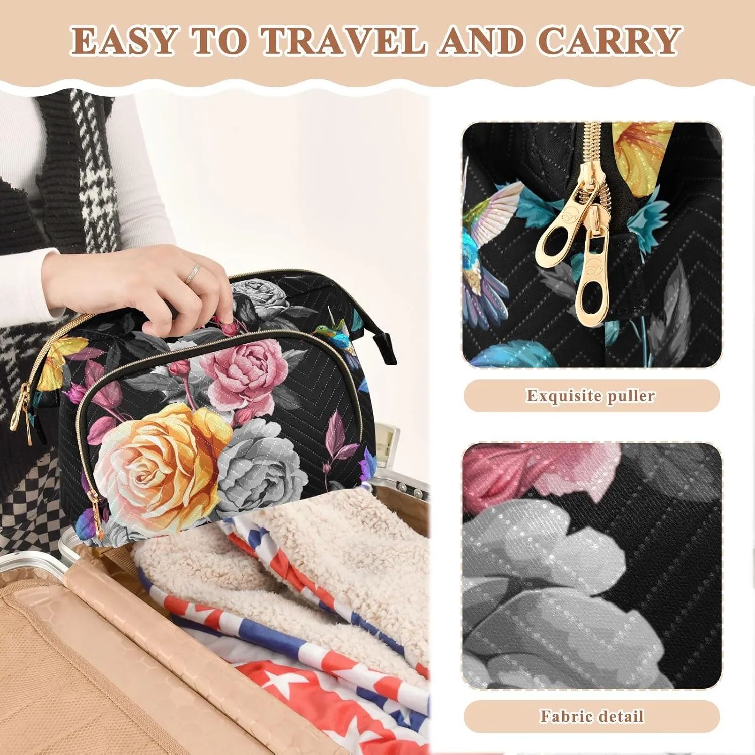 Humming Bird Yellow Blue Grey White Roses and Peonies with Leaves Women Cosmetic Bag Makeup Bag Stylish Trip Beauty Bag Travel Toiletry Bag with Bottle Organizer 10.2 x 5.9 x 6.7 inch