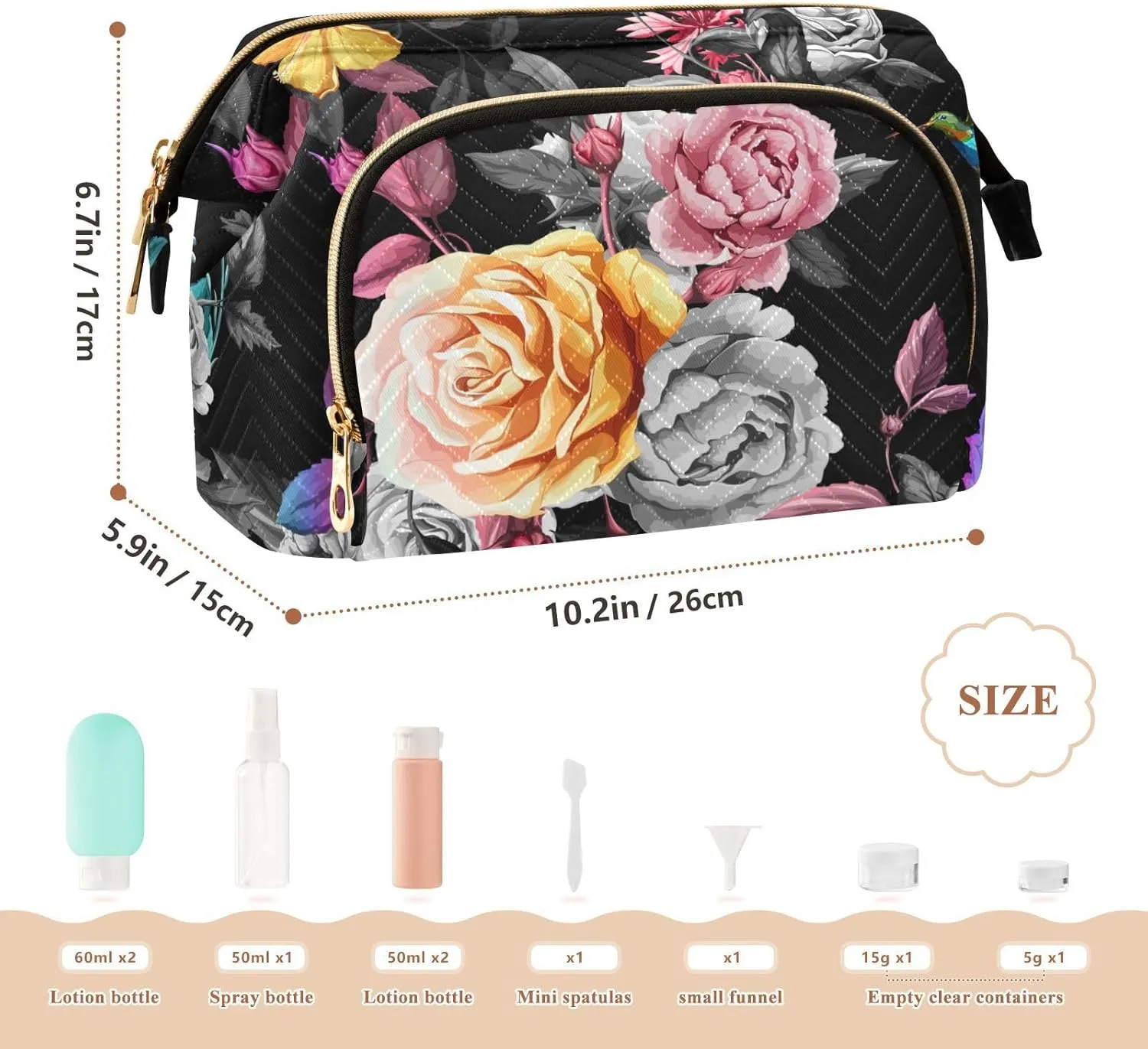Humming Bird Yellow Blue Grey White Roses and Peonies with Leaves Women Cosmetic Bag Makeup Bag Stylish Trip Beauty Bag Travel Toiletry Bag with Bottle Organizer 10.2 x 5.9 x 6.7 inch