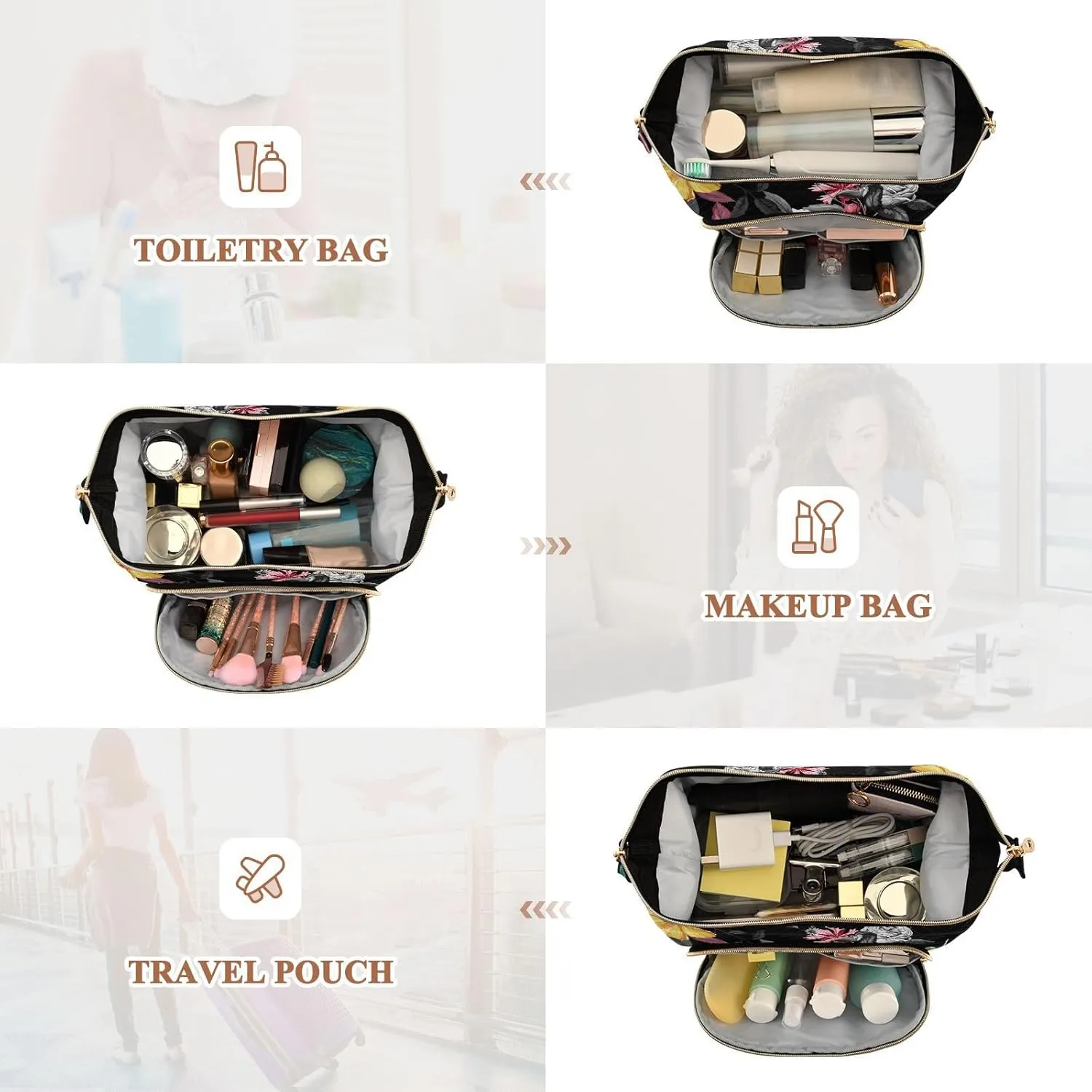 Humming Bird Yellow Blue Grey White Roses and Peonies with Leaves Women Cosmetic Bag Makeup Bag Stylish Trip Beauty Bag Travel Toiletry Bag with Bottle Organizer 10.2 x 5.9 x 6.7 inch