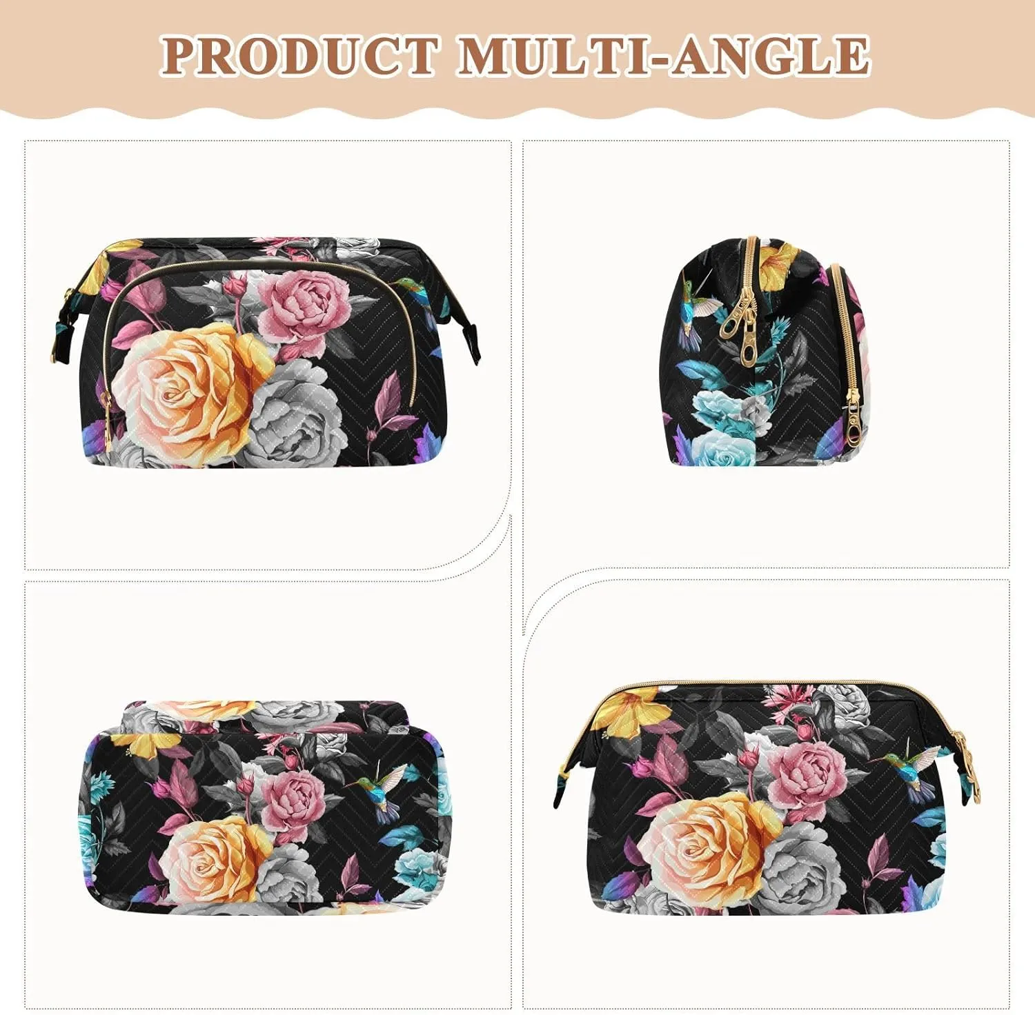 Humming Bird Yellow Blue Grey White Roses and Peonies with Leaves Women Cosmetic Bag Makeup Bag Stylish Trip Beauty Bag Travel Toiletry Bag with Bottle Organizer 10.2 x 5.9 x 6.7 inch