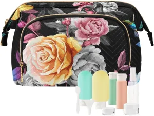 Humming Bird Yellow Blue Grey White Roses and Peonies with Leaves Women Cosmetic Bag Makeup Bag Stylish Trip Beauty Bag Travel Toiletry Bag with Bottle Organizer 10.2 x 5.9 x 6.7 inch