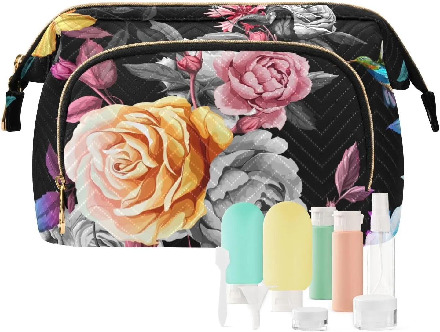 Humming Bird Yellow Blue Grey White Roses and Peonies with Leaves Women Cosmetic Bag Makeup Bag Stylish Trip Beauty Bag Travel Toiletry Bag with Bottle Organizer 10.2 x 5.9 x 6.7 inch