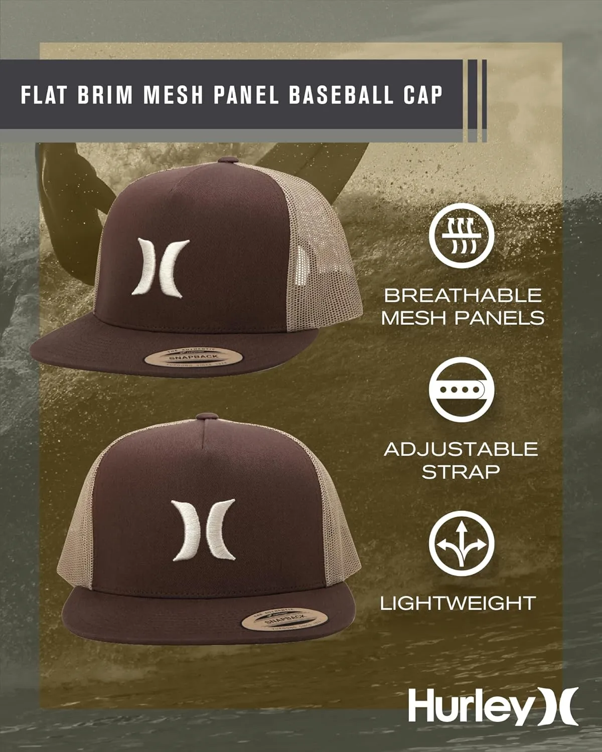Hurley Men's Caps - Flat Brim Mesh Panel Baseball Cap Trucker Hat - Snap Back Hats for Men