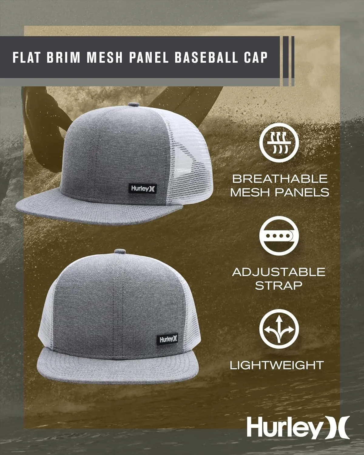 Hurley Men's Caps - Flat Brim Mesh Panel Baseball Cap Trucker Hat - Snap Back Hats for Men