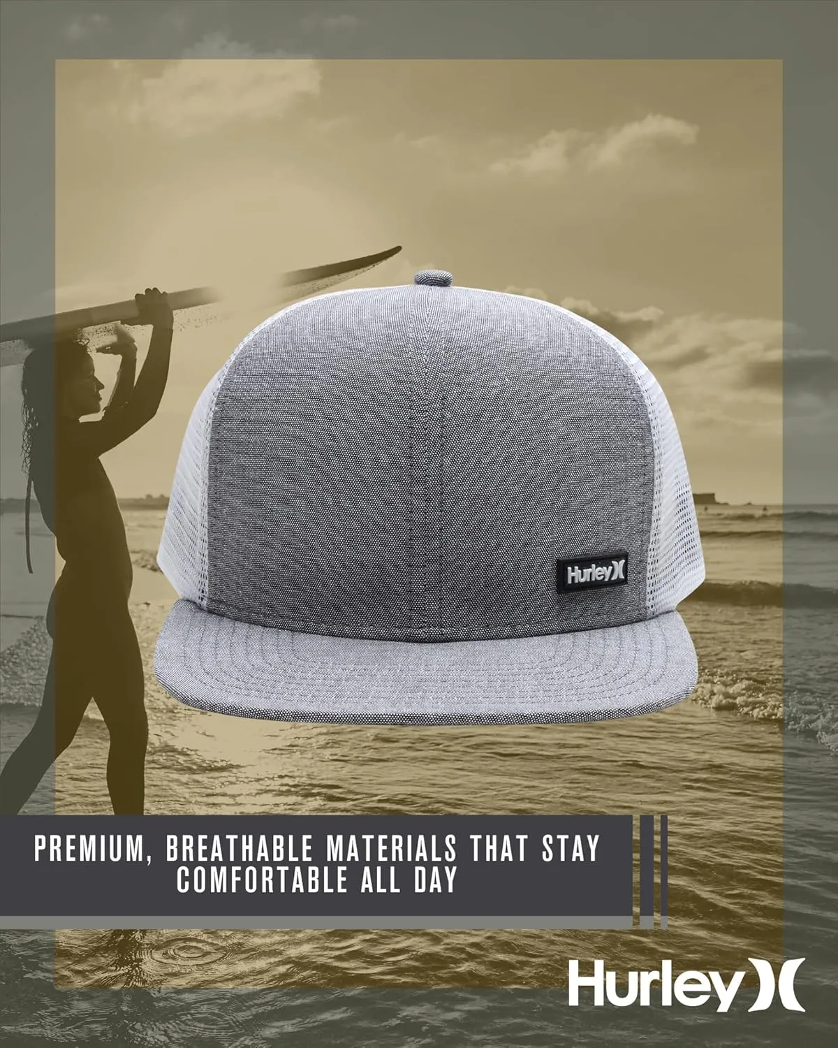 Hurley Men's Caps - Flat Brim Mesh Panel Baseball Cap Trucker Hat - Snap Back Hats for Men