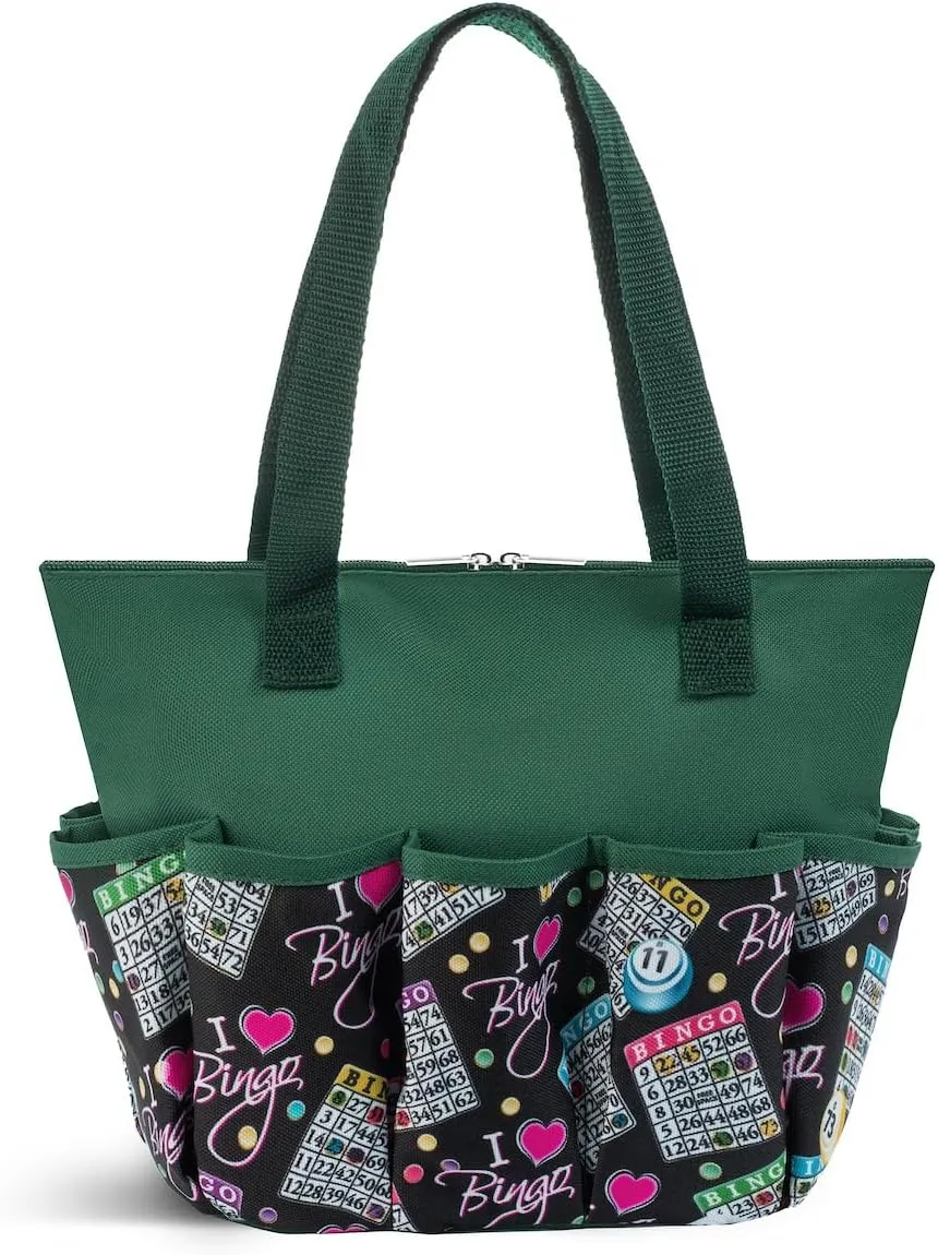 I Love Bingo Black Stylish Pattern Tote with 10 Pockets for Daubers, and Accessories