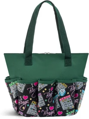 I Love Bingo Black Stylish Pattern Tote with 10 Pockets for Daubers, and Accessories