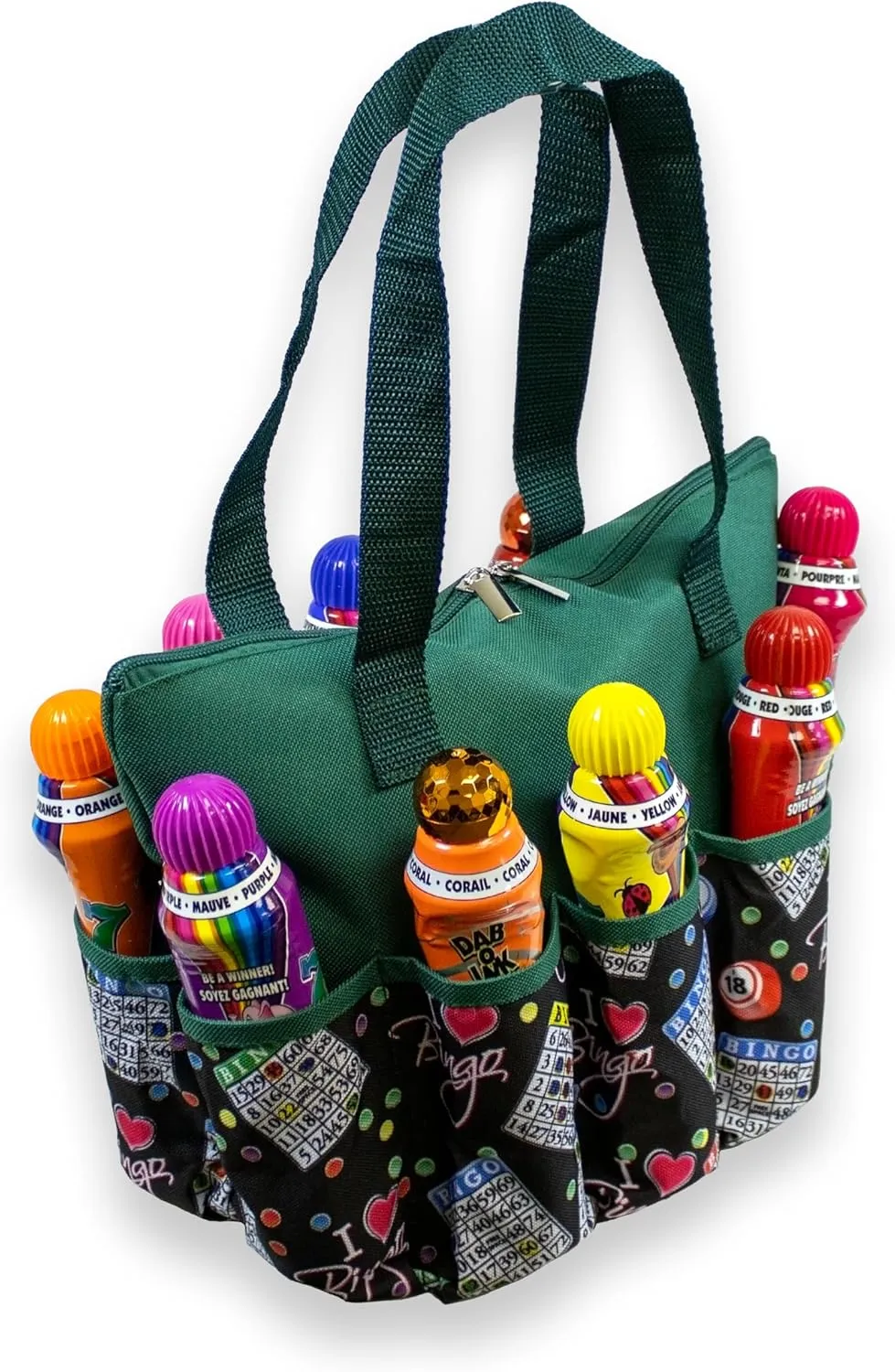 I Love Bingo Black Stylish Pattern Tote with 10 Pockets for Daubers, and Accessories
