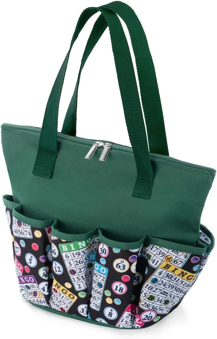 I Love Bingo Black Stylish Pattern Tote with 10 Pockets for Daubers, and Accessories