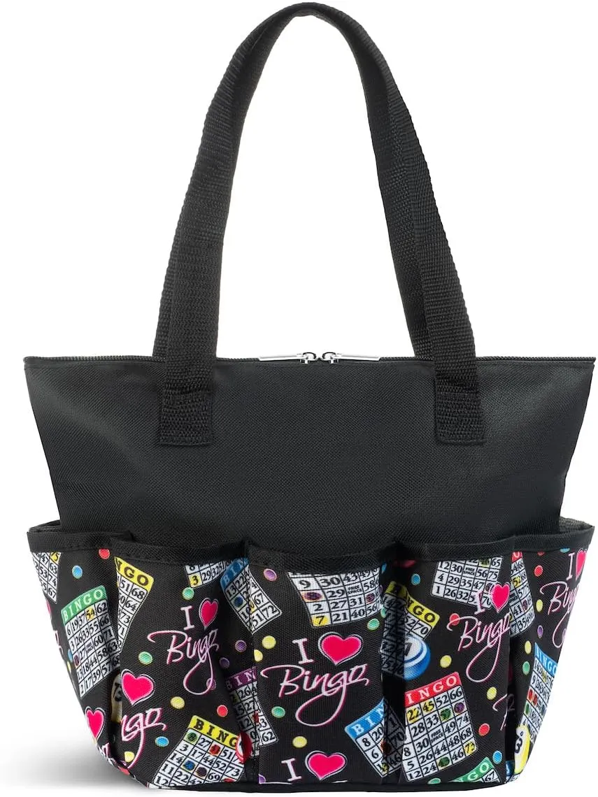 I love Bingo Black Stylish Pattern Tote with 10 Pockets for Daubers, Dabbers, Markers, and Accessories – Portable Bingo Bag with Zipper for Bingo Lovers & Players - Adults & Seniors (Black)