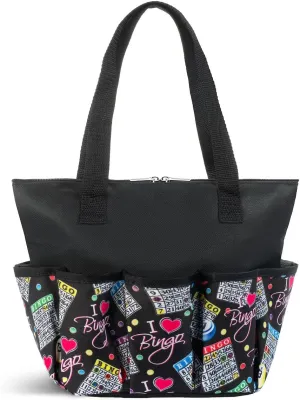 I love Bingo Black Stylish Pattern Tote with 10 Pockets for Daubers, Dabbers, Markers, and Accessories – Portable Bingo Bag with Zipper for Bingo Lovers & Players - Adults & Seniors (Black)