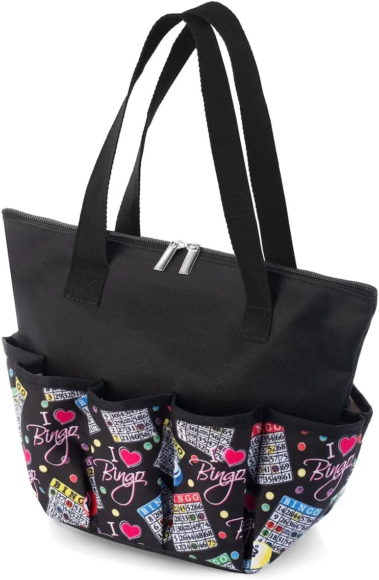 I love Bingo Black Stylish Pattern Tote with 10 Pockets for Daubers, Dabbers, Markers, and Accessories – Portable Bingo Bag with Zipper for Bingo Lovers & Players - Adults & Seniors (Black)