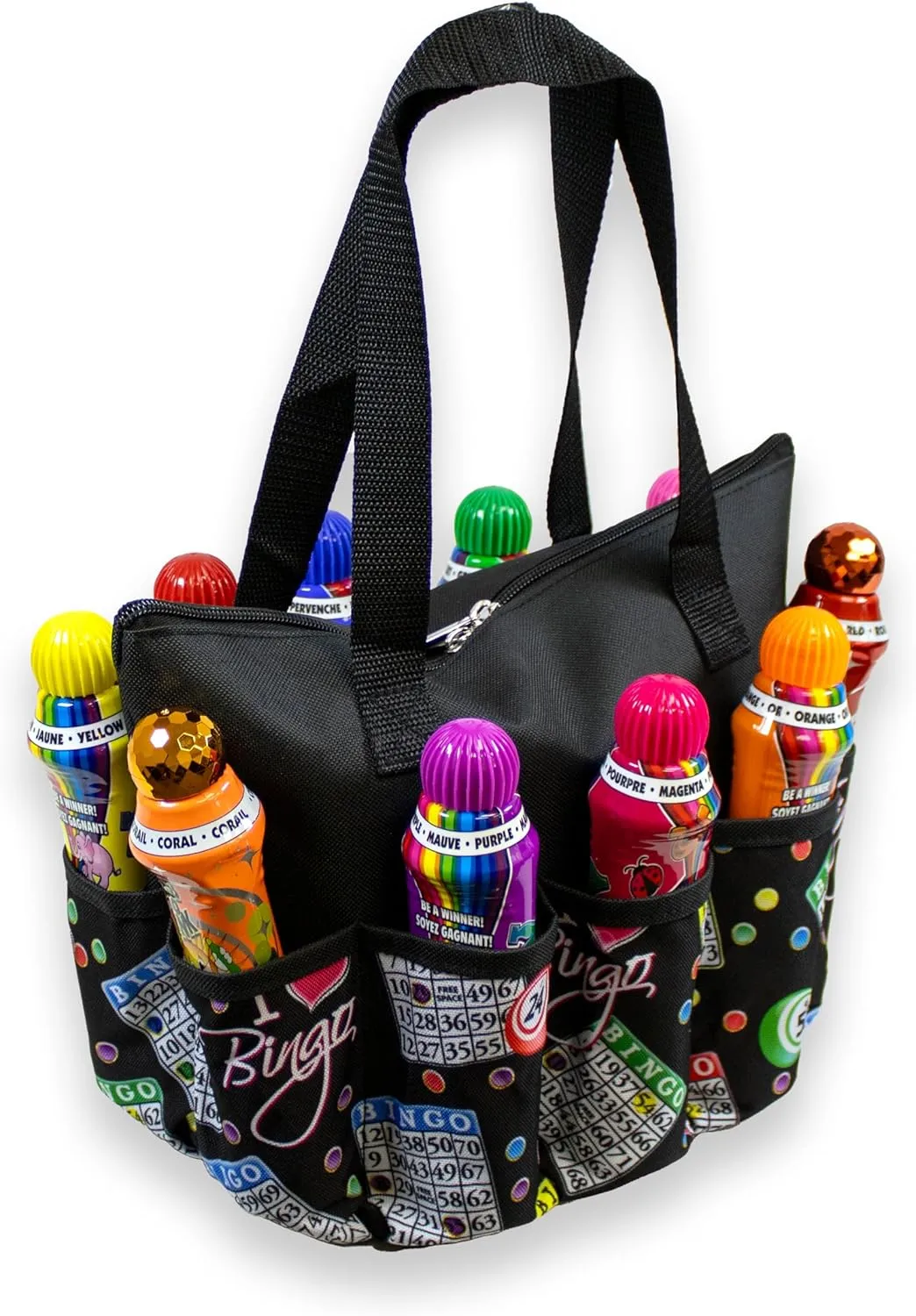 I love Bingo Black Stylish Pattern Tote with 10 Pockets for Daubers, Dabbers, Markers, and Accessories – Portable Bingo Bag with Zipper for Bingo Lovers & Players - Adults & Seniors (Black)