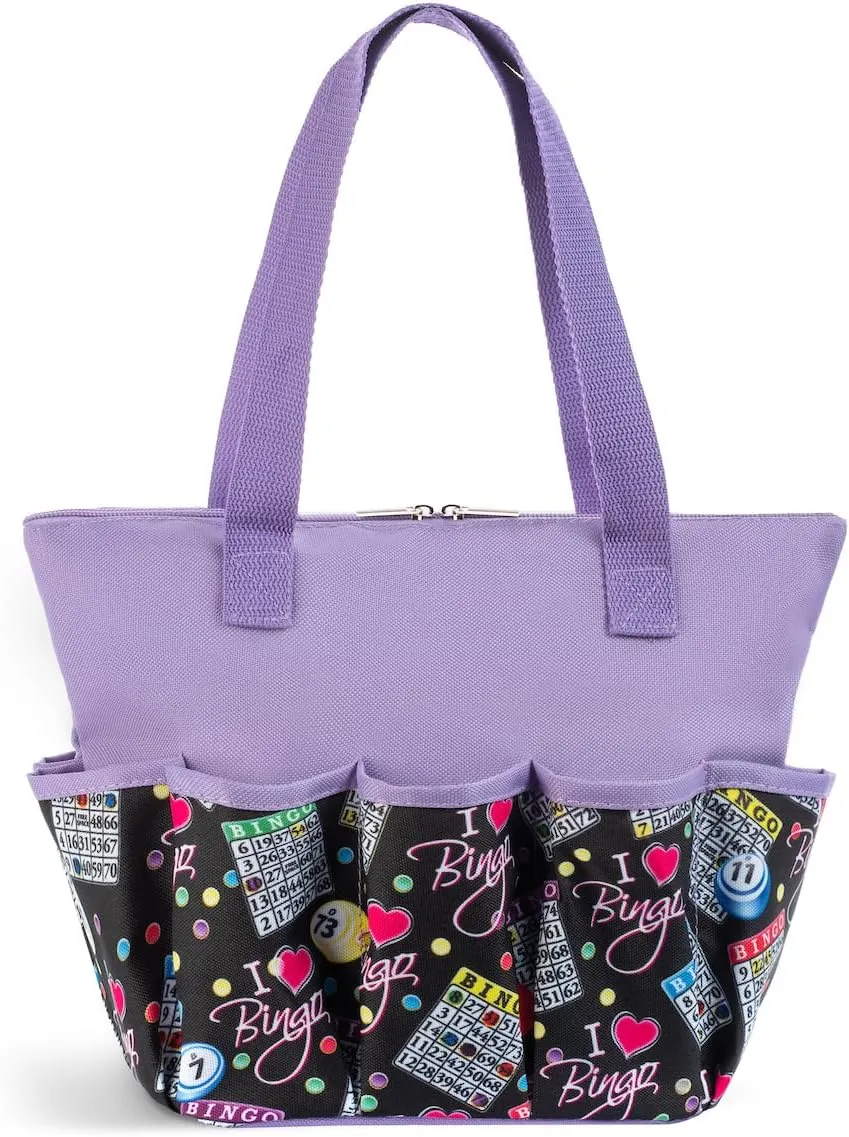 I love Bingo Black Stylish Pattern Tote with 10 Pockets for Daubers, Dabbers, Markers, and Accessories – Portable Bingo Bag with Zipper for Bingo Lovers & Players - Adults & Seniors (Purple)