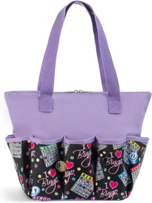I love Bingo Black Stylish Pattern Tote with 10 Pockets for Daubers, Dabbers, Markers, and Accessories – Portable Bingo Bag with Zipper for Bingo Lovers & Players - Adults & Seniors (Purple)