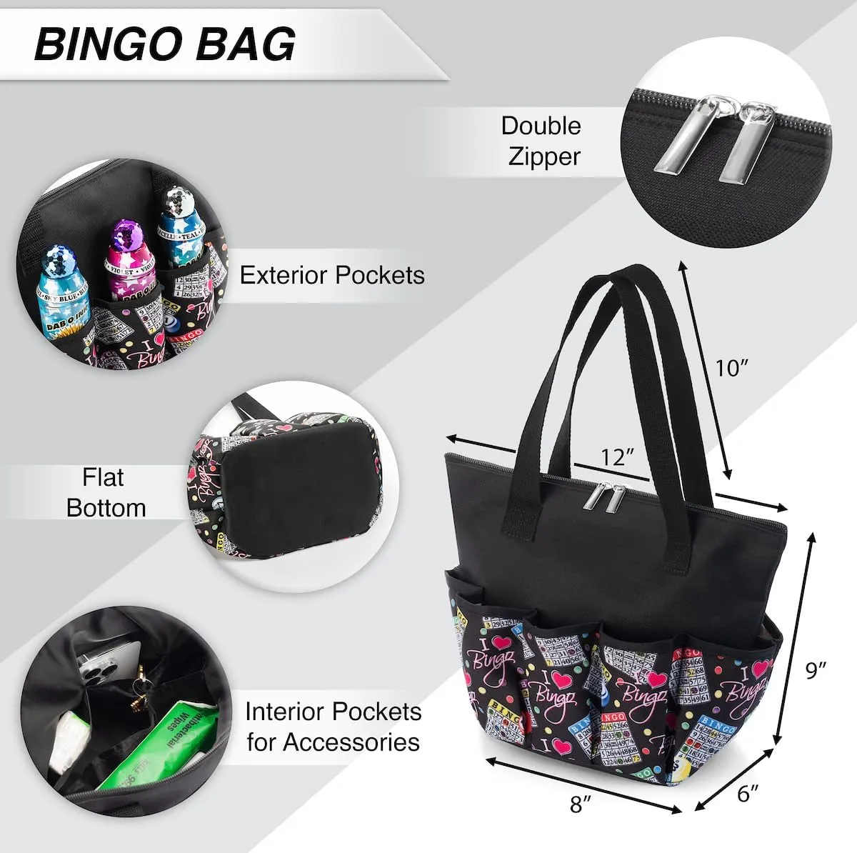 I love Bingo Black Stylish Pattern Tote with 10 Pockets for Daubers, Dabbers, Markers, and Accessories – Portable Bingo Bag with Zipper for Bingo Lovers & Players - Adults & Seniors (Purple)