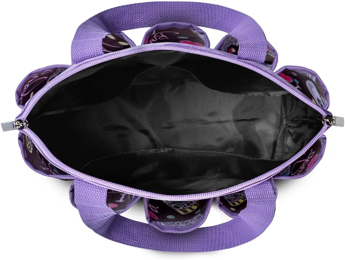 I love Bingo Black Stylish Pattern Tote with 10 Pockets for Daubers, Dabbers, Markers, and Accessories – Portable Bingo Bag with Zipper for Bingo Lovers & Players - Adults & Seniors (Purple)