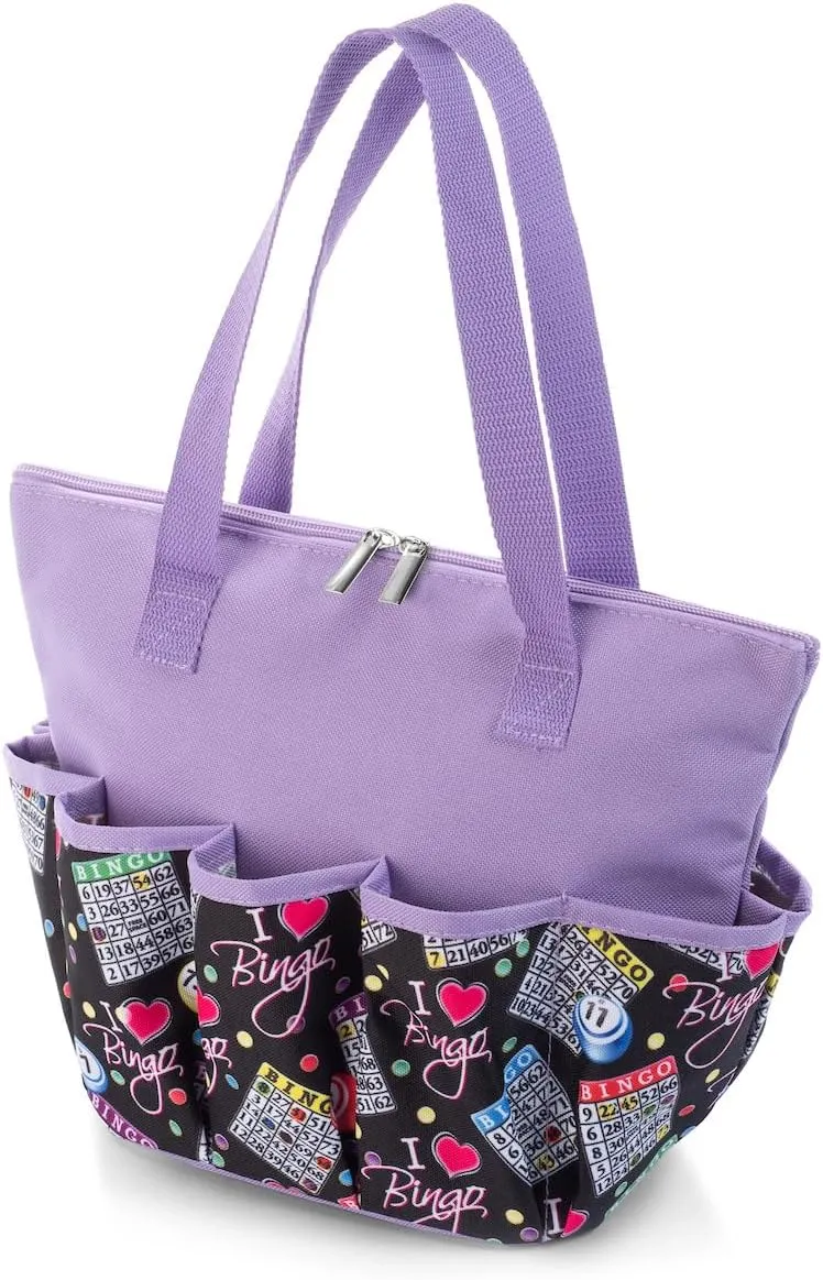 I love Bingo Black Stylish Pattern Tote with 10 Pockets for Daubers, Dabbers, Markers, and Accessories – Portable Bingo Bag with Zipper for Bingo Lovers & Players - Adults & Seniors (Purple)