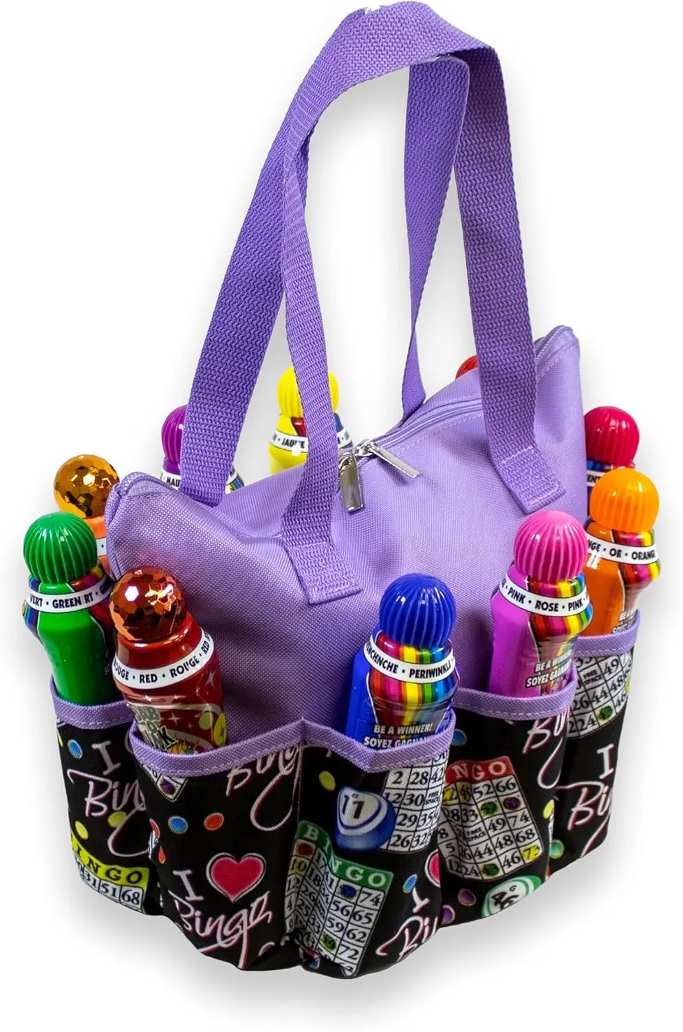 I love Bingo Black Stylish Pattern Tote with 10 Pockets for Daubers, Dabbers, Markers, and Accessories – Portable Bingo Bag with Zipper for Bingo Lovers & Players - Adults & Seniors (Purple)