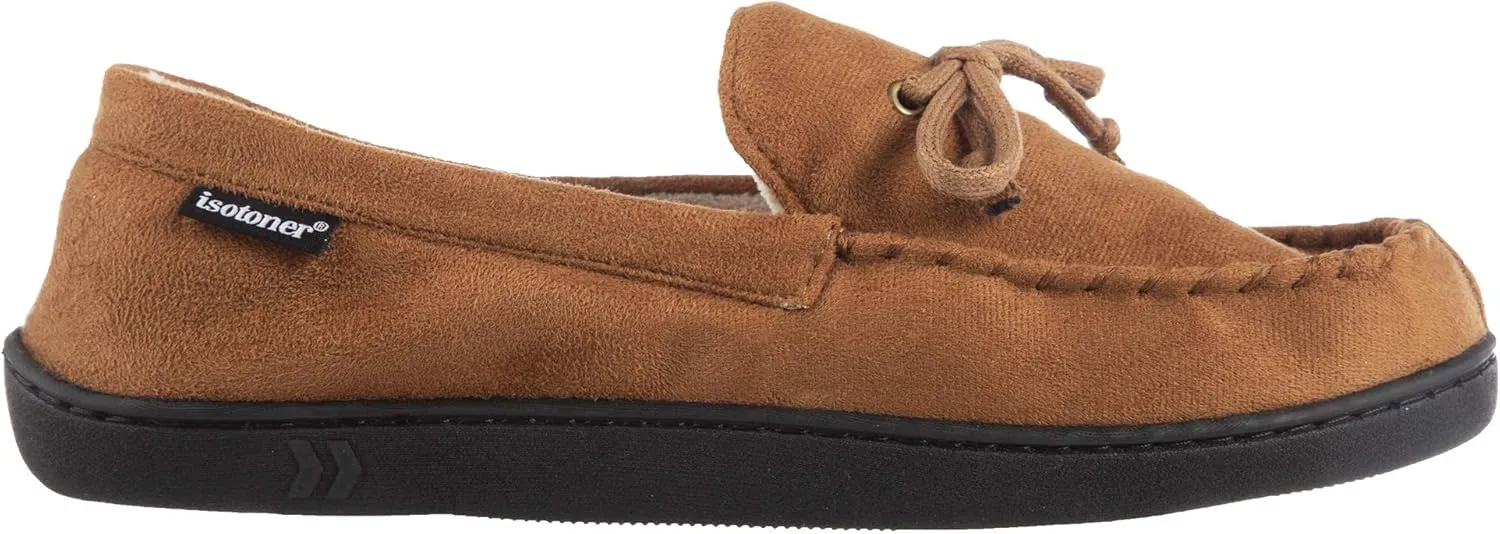 Isotoner Men's Microsuede Moccasin Slippers - Men’s Indoor and Outdoor Sole Slippers, Features Memory Foam for a Customer Fit and Arch Support for All-Day Comfort, Machine Washable
