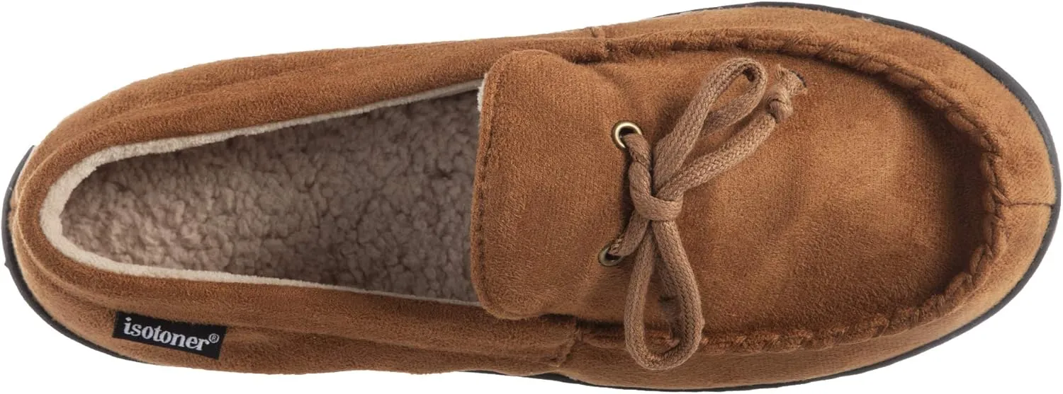 Isotoner Men's Microsuede Moccasin Slippers - Men’s Indoor and Outdoor Sole Slippers, Features Memory Foam for a Customer Fit and Arch Support for All-Day Comfort, Machine Washable