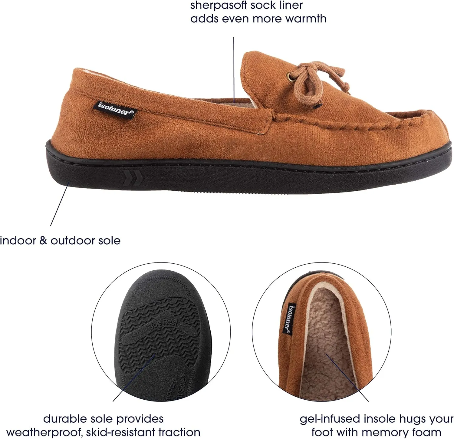 Isotoner Men's Microsuede Moccasin Slippers - Men’s Indoor and Outdoor Sole Slippers, Features Memory Foam for a Customer Fit and Arch Support for All-Day Comfort, Machine Washable