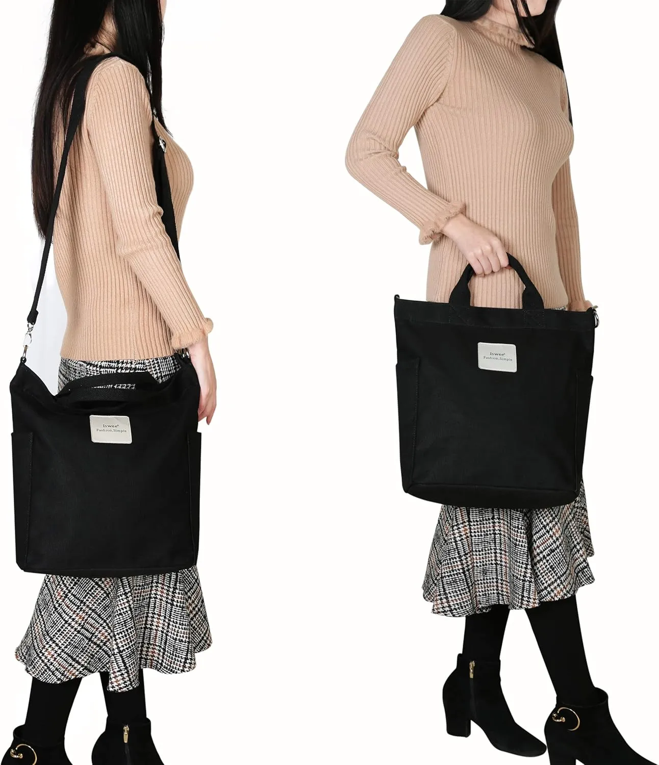Iswee Canvas Tote Bag with Zipper Multi Pockets Tote Purse for Women Fashion Crossbody Tote Shoulder Bag Handbag Everyday Bag
