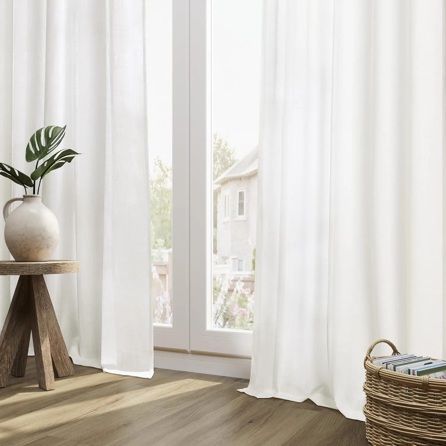 Ivory White Linen Semi Sheer Curtains 96 Inch Length for Living Bedroom 2 Panels Rod Pocket Light Filetring Privacy Linen Blend Cotton Textured Rustic Farmhouse Decor Drapes for Dining Room, W52xL96
