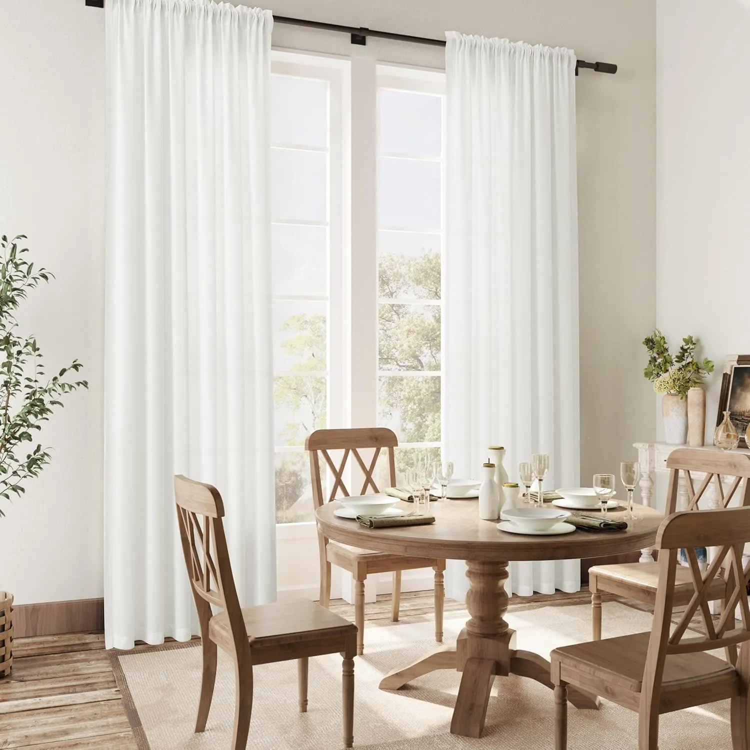 Ivory White Linen Semi Sheer Curtains 96 Inch Length for Living Bedroom 2 Panels Rod Pocket Light Filetring Privacy Linen Blend Cotton Textured Rustic Farmhouse Decor Drapes for Dining Room, W52xL96