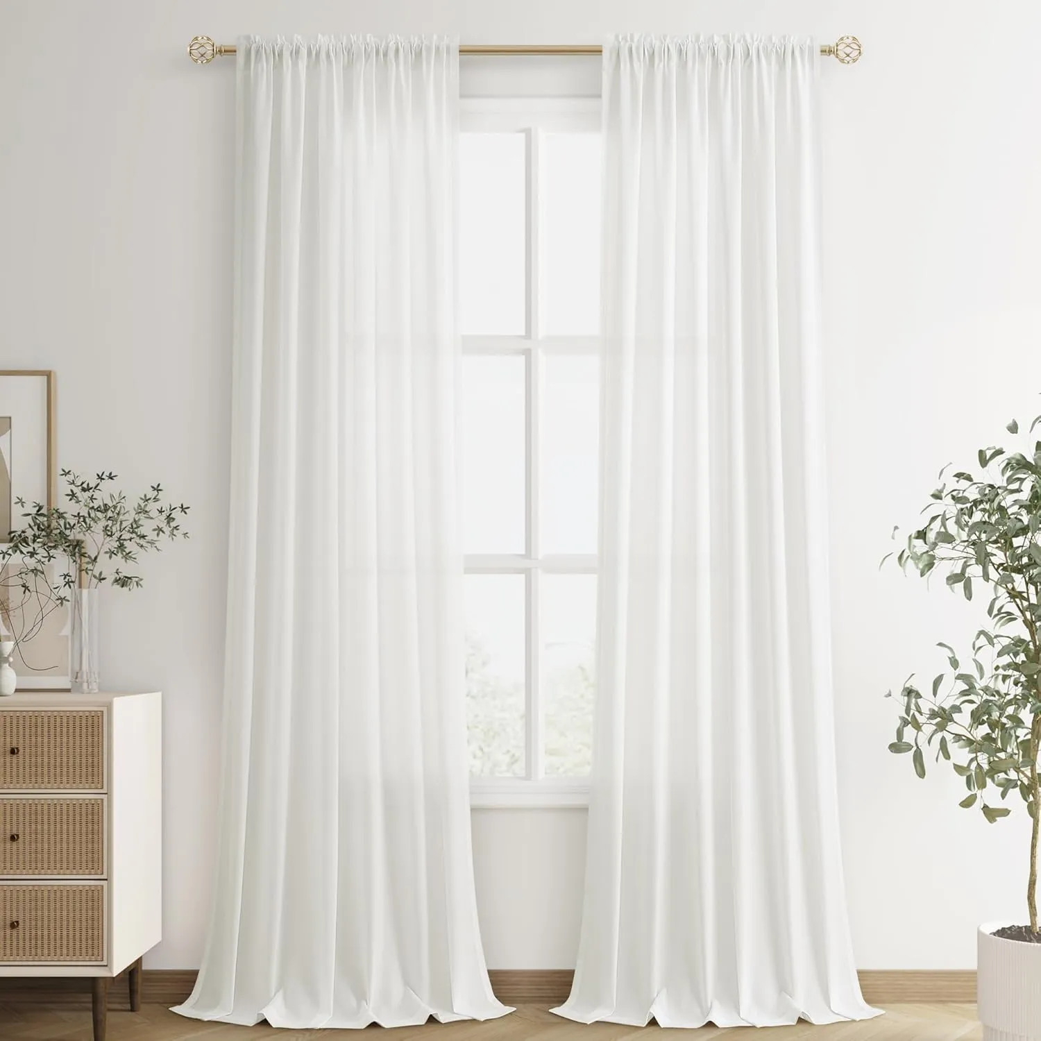 Ivory White Linen Semi Sheer Curtains 96 Inch Length for Living Bedroom 2 Panels Rod Pocket Light Filetring Privacy Linen Blend Cotton Textured Rustic Farmhouse Decor Drapes for Dining Room, W52xL96