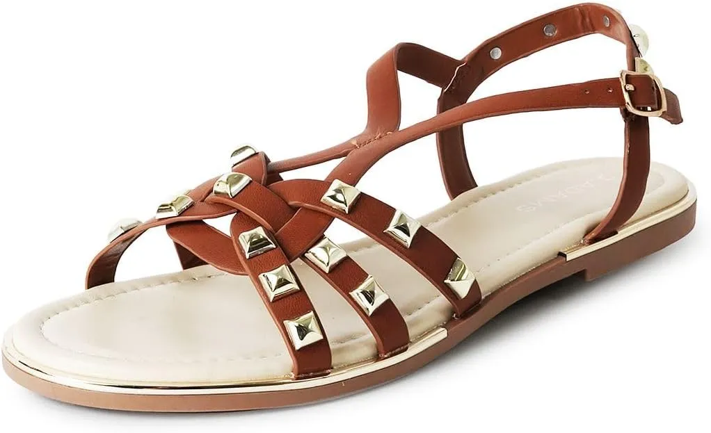 J. Adams Women's Strappy Flat Sandals with Gold Studs – Comfortable and Stylish Summer Footwear